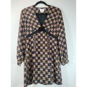 Milly New York 100% Silk Geometric Chain Print V-Neck Bow Mini Dress Size 8